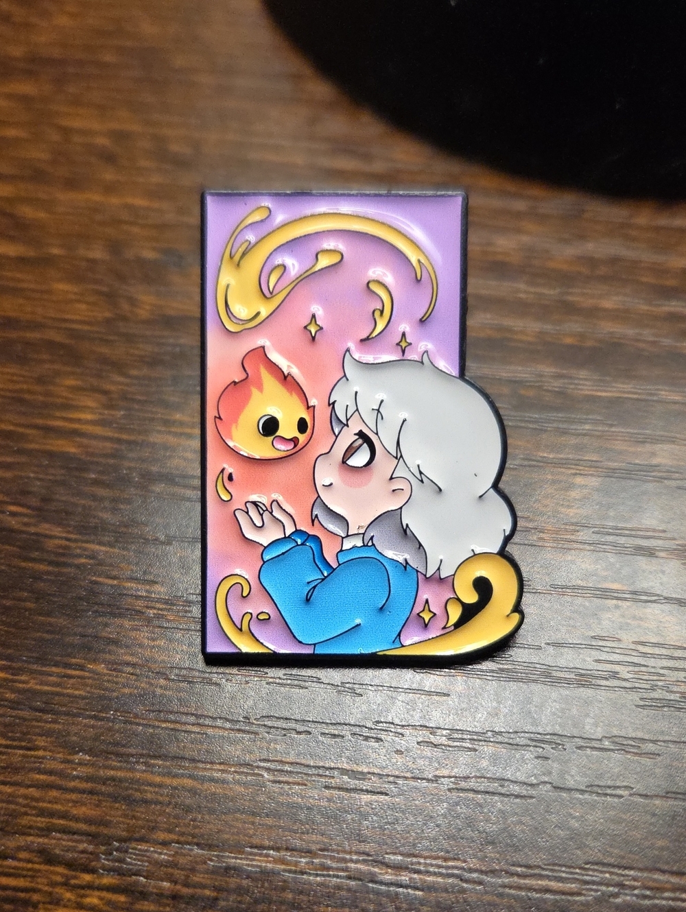 White-Haired Character Enamel Pin — Blue Jacket & Cute Flame